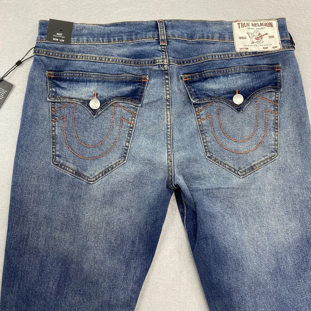 True Religion Jeans Mens 36x34 Blue Denim Pants Ricky Relaxed Straight Flap